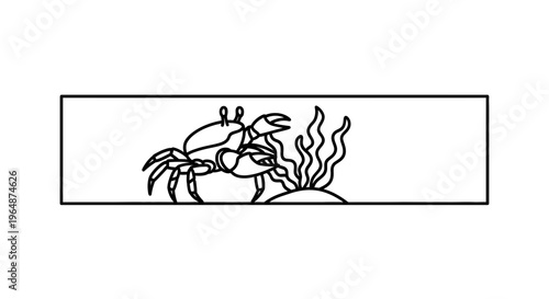 Minimalist black outline drawing of a crustacean on ocean floor with sea flora