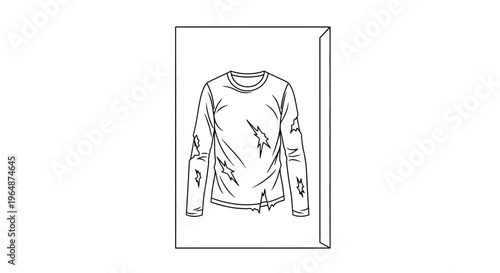 Minimalist black and white outline drawing of a distressed long-sleeved t-shirt with multiple