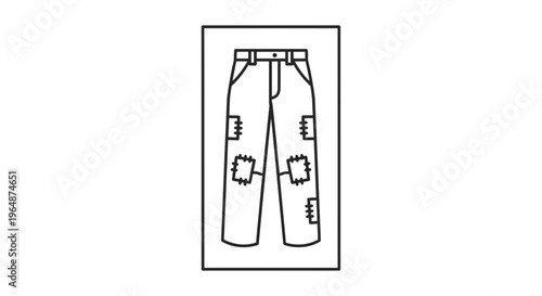 Minimalist line art illustration of utility pants with patches representing repair and resilience