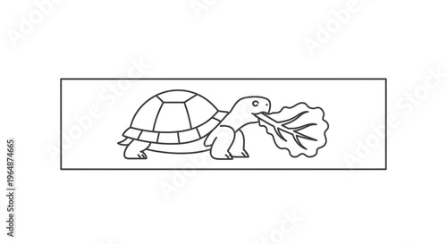 Minimalist Line Art of a Content Tortoise Enjoying a Fresh Leafy Meal in Outline Style
