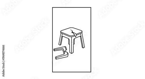 Outline drawing of a small square stool with a cracked top and detached leg indicating damage