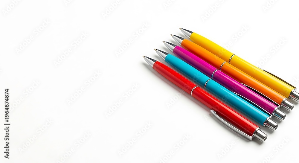 Fototapeta premium Colorful ballpoint pens in vibrant red blue pink orange and yellow colors arranged diagonally on a clean white surface for school office supplies