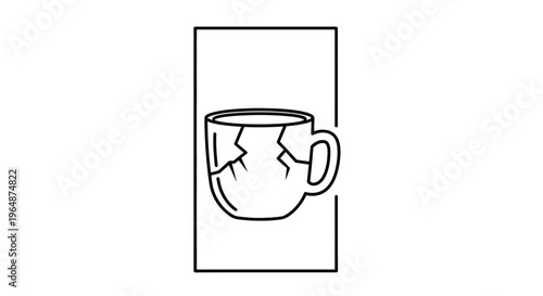 Line art illustration of a damaged ceramic coffee cup icon symbolizing fragility or a broken item