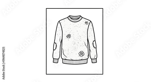 Minimalist monochrome outline of a cozy patched sweater, perfect for fashion designs or craft