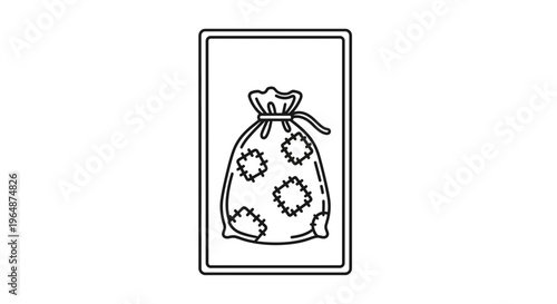 Vector line graphic of a patched drawstring sack, framed, embodying simple, rustic storage.