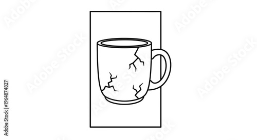 Minimalist black and white line art depicting a ceramic mug with visible cracks indicating damage