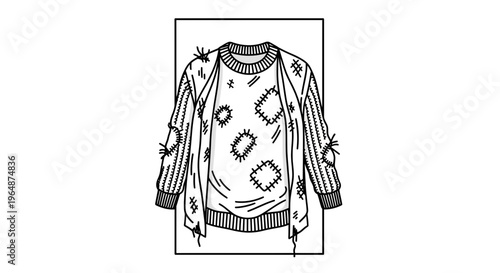 Detailed line art illustration of a well-worn, patched garment highlighting sustainable fashion