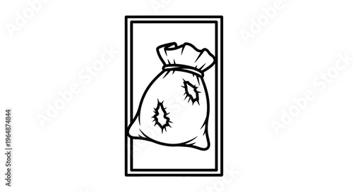Simple black and white line drawing of a rustic, torn sack, representing scarcity or old treasures