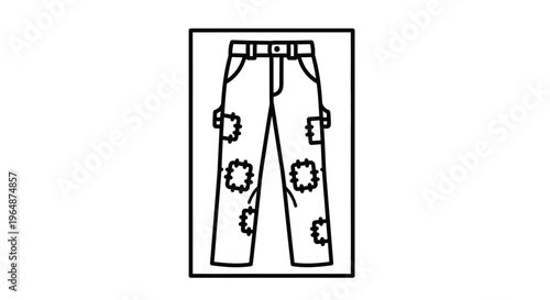 Minimalist line art illustration of rugged patched work pants, symbolizing durability and repair