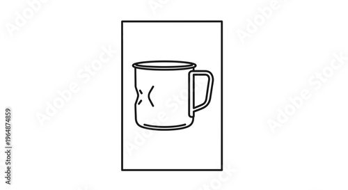 Minimalist line art icon of a well-used dented enamel camp mug, perfect for illustrating outdoor