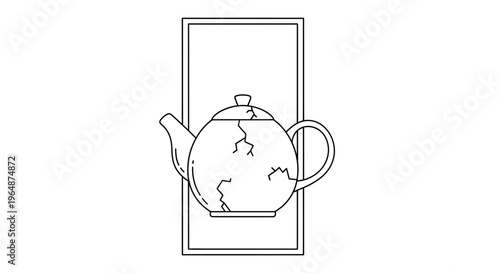 Minimalist Line Art Illustration of a Cracked Ceramic Teapot within a Simple Rectangular Frame