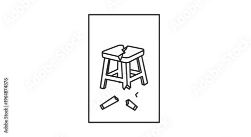 Line art drawing showing a severely damaged wooden stool with a fractured top and broken legs