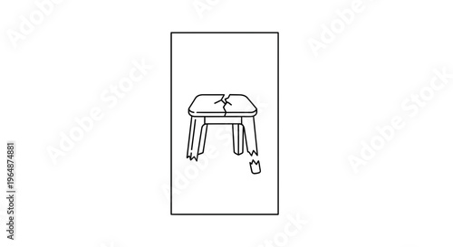 Minimalist black and white line drawing of a severely broken wooden stool illustrating damage