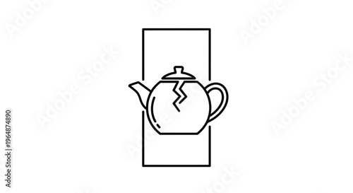 Minimalist line art icon of a damaged ceramic teapot, emphasizing concepts of fragility, repair,