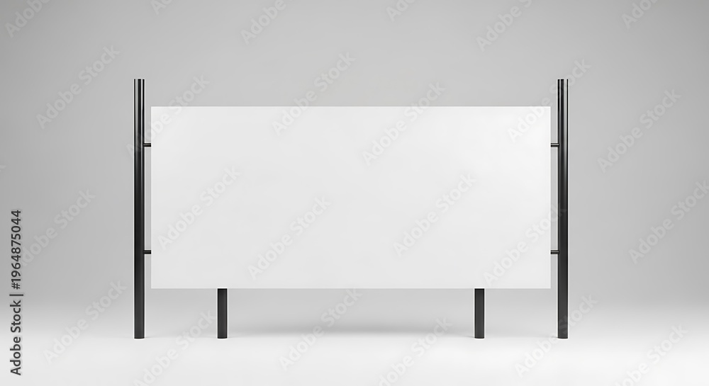 Fototapeta premium Blank billboard signage mockup on black metal poles against a clean gray studio background providing a wide horizontal canvas for advertisement
