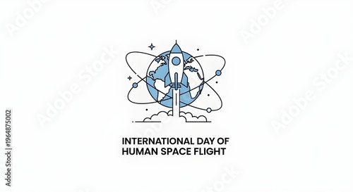 International day of human space flight with a rocket launching from earth into orbit.