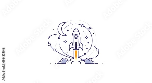 Rocket ship blasting off into a celestial night sky with stars moon and planets in line art.