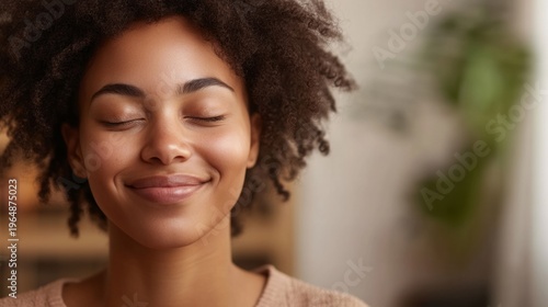 Happy woman practicing mindfulness meditation. generative ai