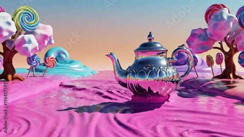 Brightly colored rubber toy floating on vibrant liquid next to abstract purple shape