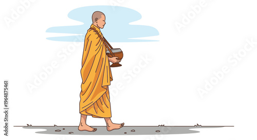 Barefoot Buddhist monk walking alone slowly.