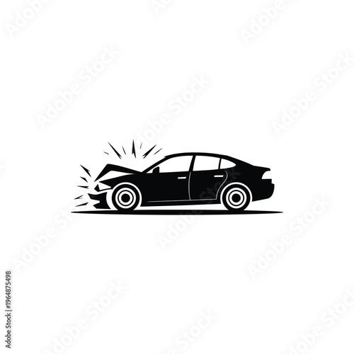 Crashed black car with damaged front end vehicle accident