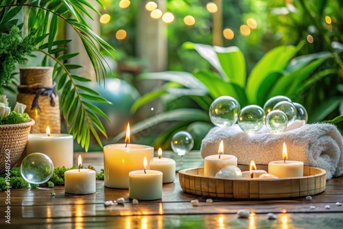 Serene Spa Setting with Lit Candles, Aromatic Herbs, and Glass Ornaments on Wooden Surface