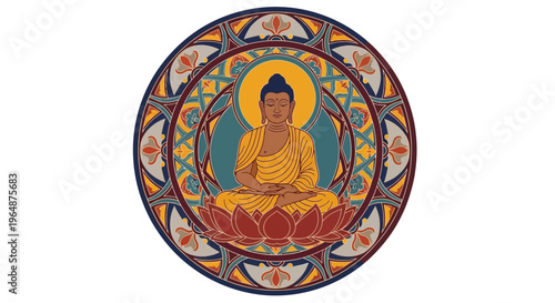 Buddha statue in circular mandala design.