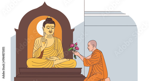 Buddha Statue with Monk Offering Flowers.
