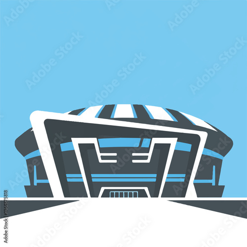 Modern minimalist soccer stadium facade with futuristic lines, plenty of negative space, limited color palette of slate gray and bright white with a hint of sky blue, bright morning lighting,