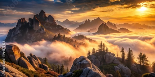Golden Sunrise Illuminates Majestic Mountain Peaks Cloaked in a Sea of Mist