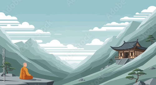 Buddhist monk in orange robes meditating.