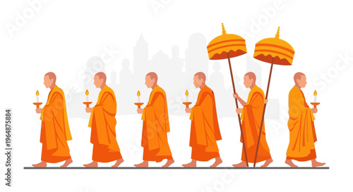 Buddhist monks walking in procession together.