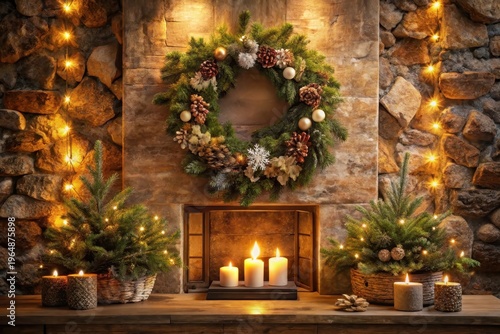 Warm Festive Fireplace Mantel Decor with Evergreen Wreaths and Candles