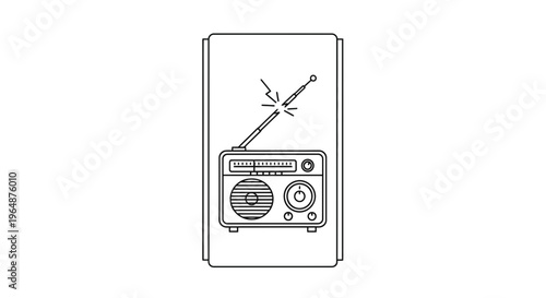 Minimalist line art illustration of a retro radio receiver with antenna signal lines emitting sound