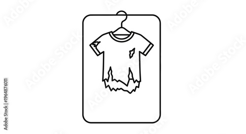 Graphical representation of a severely damaged and worn-out t-shirt hanging on a simple clothes