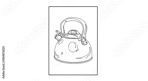 Detailed line drawing of a traditional stovetop whistling tea kettle ready for boiling