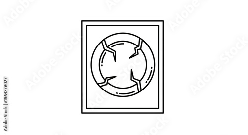 Simple monochrome line art showing a shattered circular element within a square frame, symbolizing