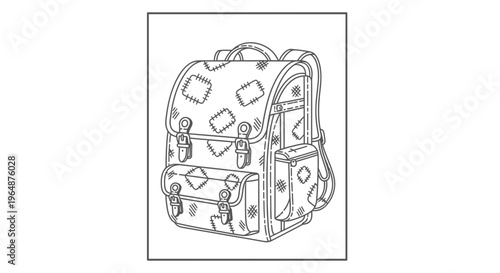 Detailed line art of a charming vintage-style school backpack adorned with various stitched patches
