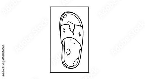 minimalist line art drawing depicting a single old worn-out slipper with a visible broken strap