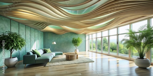 Serene Living Room with Organic Wave Ceiling Design and Lush Greenery