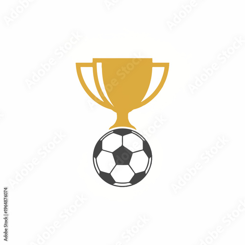 A minimalist silhouette of a championship trophy with a soccer ball base, clean white background, limited color palette of gold and dark grey, extremely sharp edges, clean vector aesthetics.