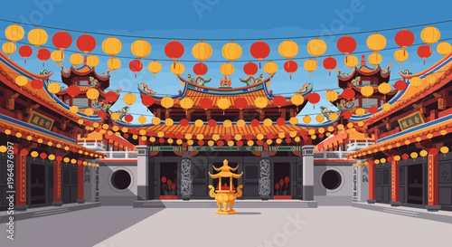Chinese temple entrance with lanterns.