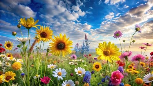Vibrant Wildflower Meadow Basking in Golden Sunlight, a Symphony of Colors Under a Picturesque Cloudy Sky