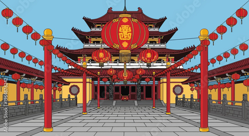 Chinese Temple Gate with Lanterns.