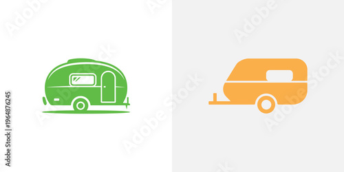 Green and orange camper trailers side by side travel