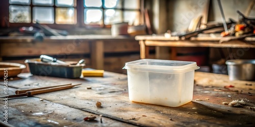 A weathered workbench in a rustic workshop, sunlight streams through a window illuminating a clear plastic container, tools and remnants of a past project.