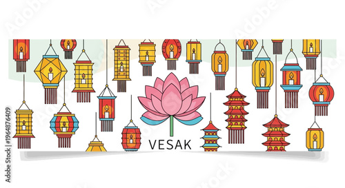 Colorful hanging lanterns and lotus flower.