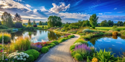 Serene Garden Path Meandering Through Vibrant Floral Landscapes and Tranquil Ponds Under a Summer Sky