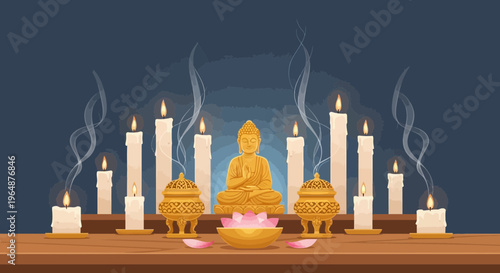 Golden Buddha Statue with Candles.