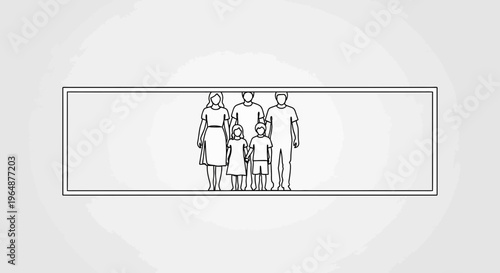 A clean line art depiction of a traditional family unit standing together inside a simple